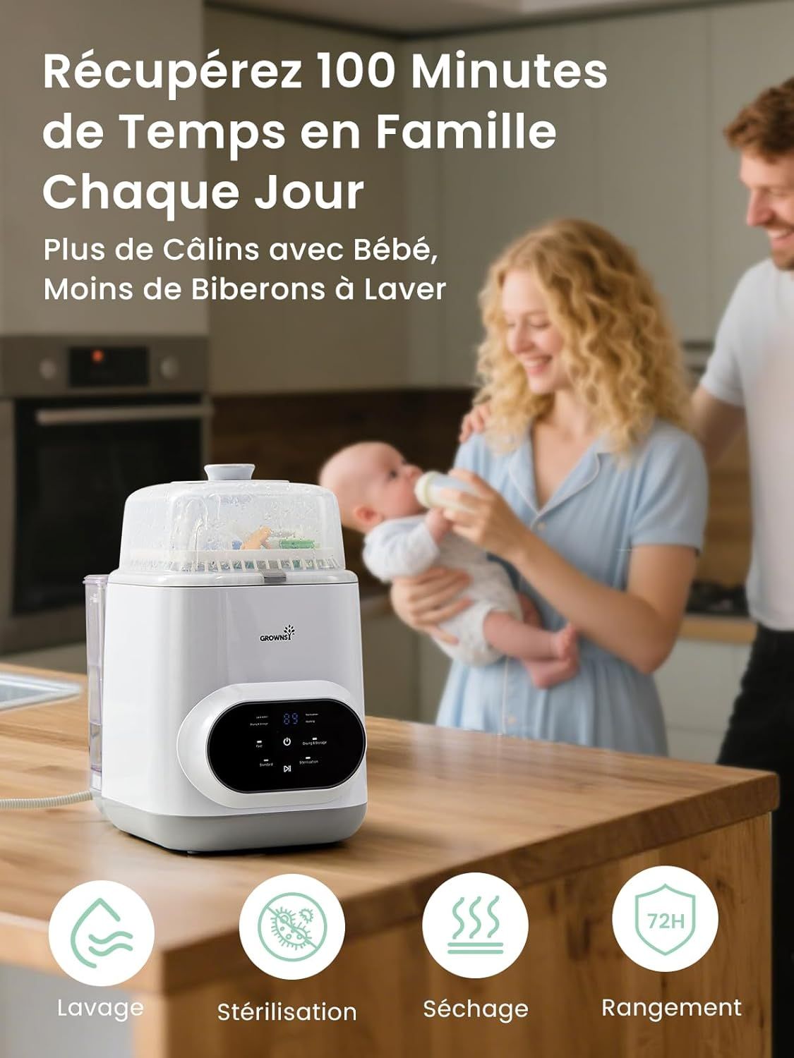 Stérilisateur de biberons blanc avec écran numérique et commandes. Partie supérieure avec supports pour biberons.