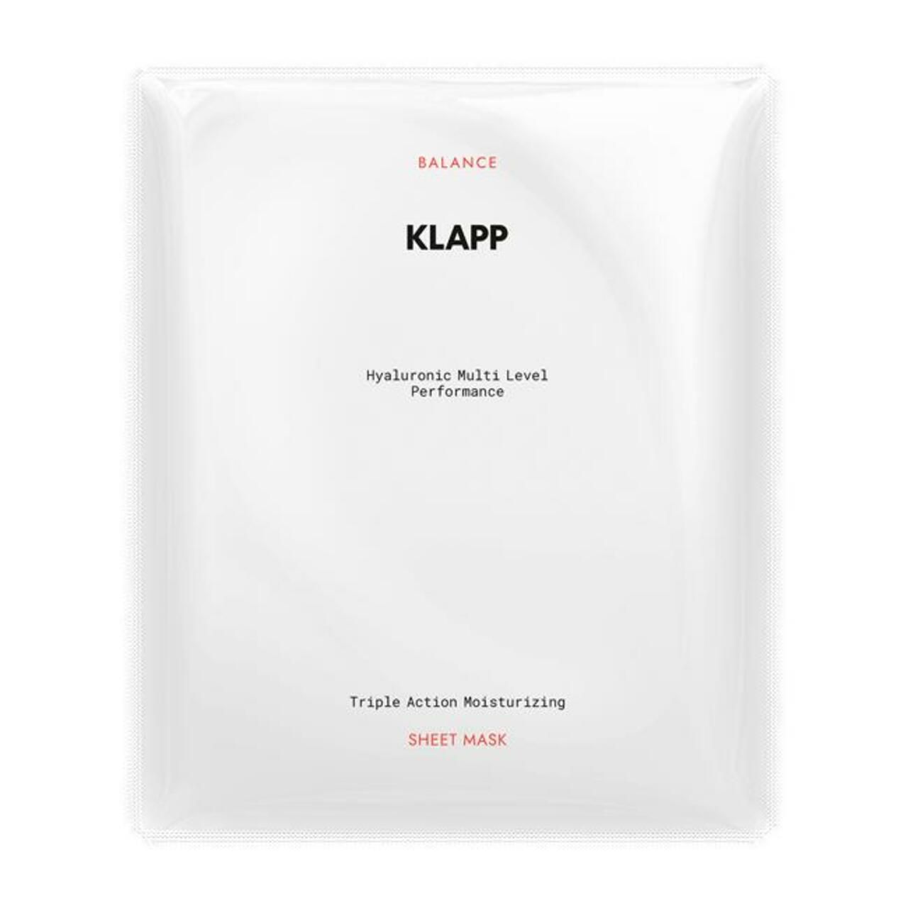 Enkele, transparante verpakking met productinformatie. Opschrift: KLAPP, Hyaluronic Multi Level Performance, Sheet Mask.
