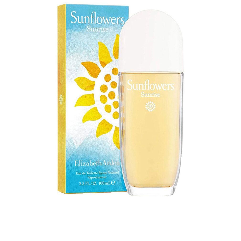 Flacon et emballage Elizabeth Arden Sunflowers Sunrise. Flacon avec bouchon blanc, liquide jaune. Emballage avec motif tournesol.