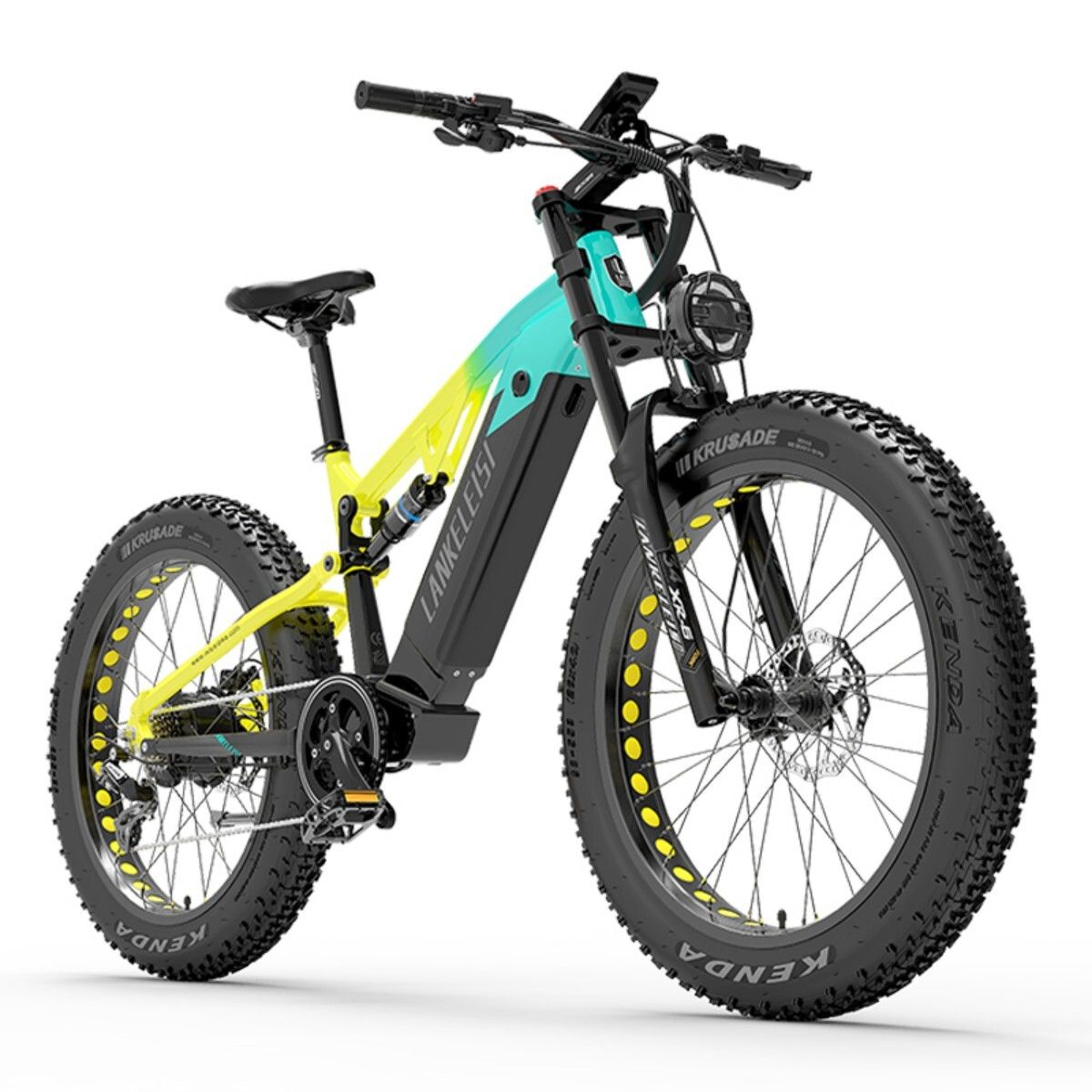 VTT électrique Lankeleisi RV800 Plus. Cadre jaune-turquoise, pneus noirs avec accents jaunes. Marque visible.