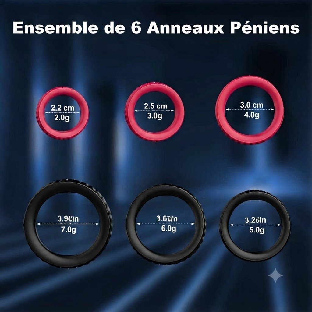 Six anneaux péniens rouges et noirs avec dimensions : 2.2cm, 2.5cm, 3.0cm, 3.9in, 3.6in, 3.2in.