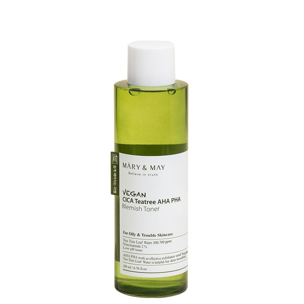 Flacon en verre vert avec bouchon blanc, Mary & May Vegan Cica Teatree AHA PHA Blemish Toner.