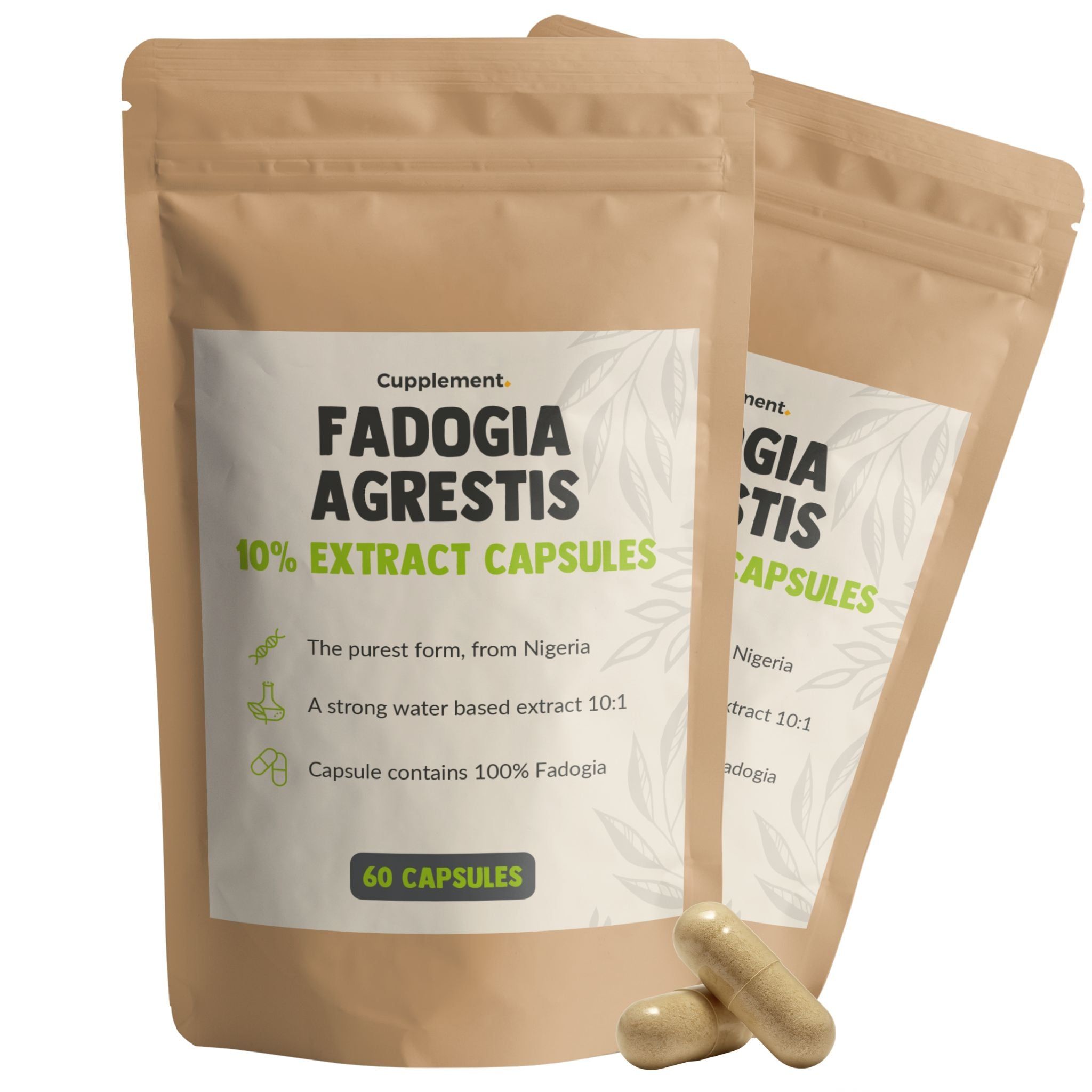 Deux sachets de gélules. Inscription: Fadogia Agrestis, extrait 10%. 60 gélules. Gélules brunes à côté.