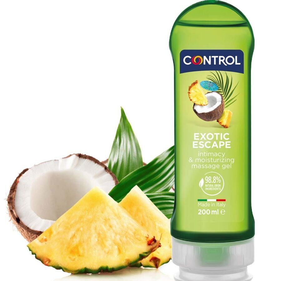 Flacon vert avec bouchon blanc. CONTROL, EXOTIC ESCAPE, gel de massage et d'intimité. Ananas et noix de coco à côté.