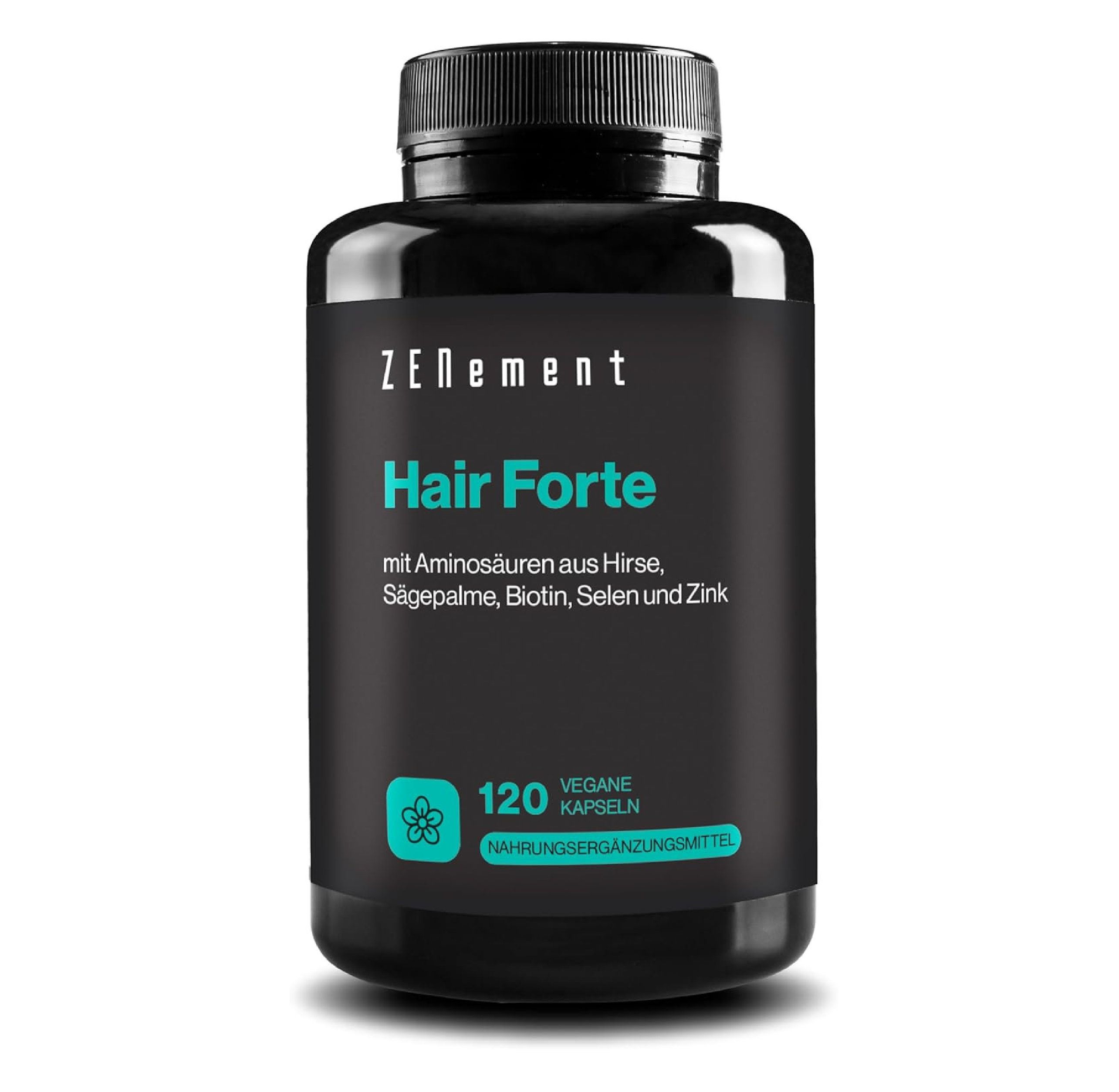Zwarte fles Zenement Hair Forte. Opschrift: Hair Forte, 120 veganistische capsules. Bevat aminozuren uit gierst, zaagpalm, biotine, selenium en zink.