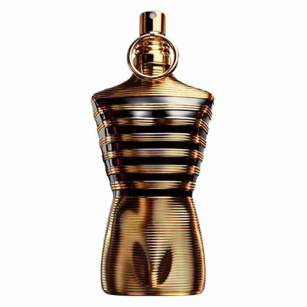 Gouden fles in torso-vorm met zwarte strepen. Gouden spraykop met ring.