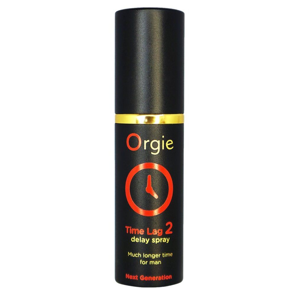 Flacon noir avec bague dorée. Inscription : Orgie, Time Lag 2 Delay Spray. Logo de cadran orange.