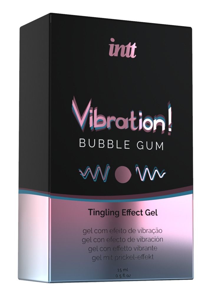 Boîte noire avec logo et nom du produit. Texte: Vibration! Bubble Gum, Tingling Effect Gel. Descriptions multilingues du produit.