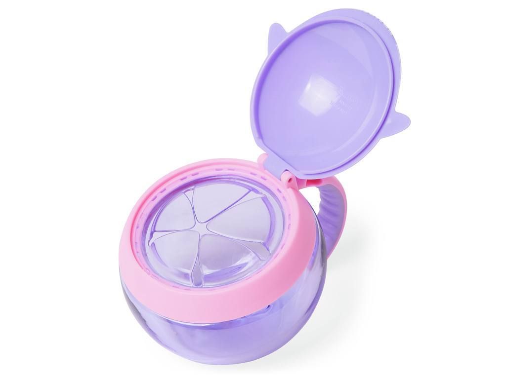 Open snackbox narwal. Paars deksel. Roze en paarse details. Ronde vorm. Binnenvak met vier compartimenten.