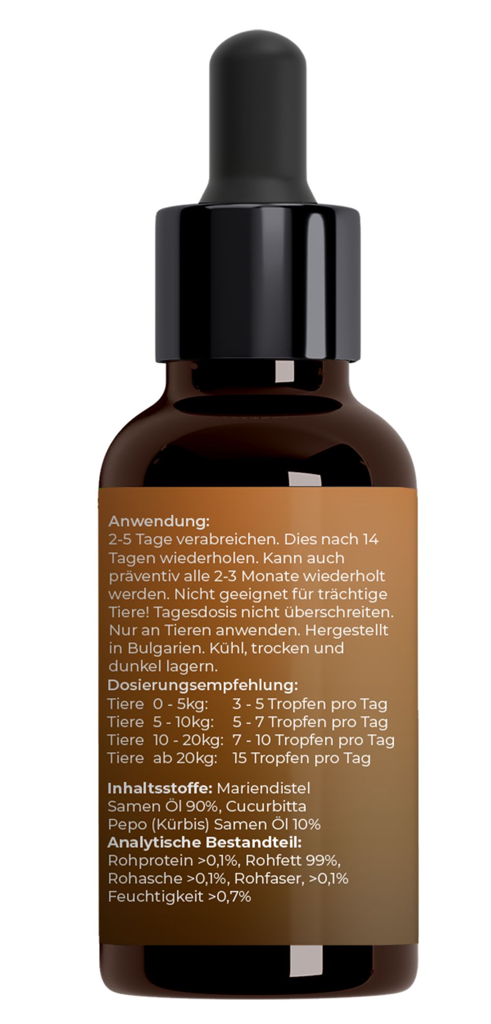 Dos du flacon en verre brun. Contient des informations sur l'utilisation, les ingrédients et les recommandations de dosage.