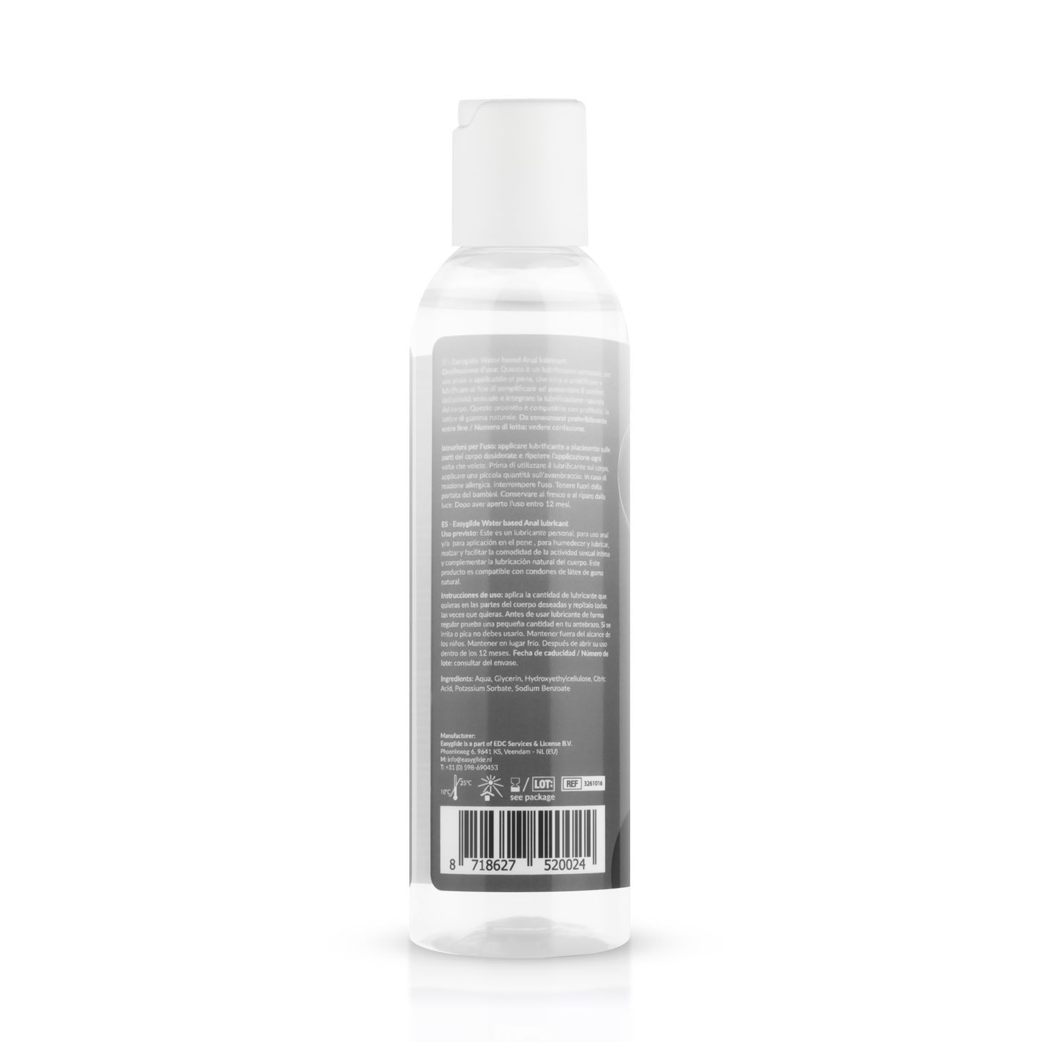 Flacon transparent avec bouchon blanc. Dos avec texte et code-barres.