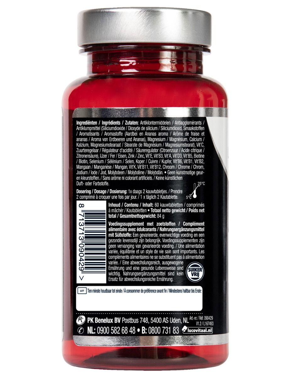 Dos du flacon 'Lucovitaal'. Informations sur ingrédients, dosage et valeurs nutritionnelles. Avec code-barres.