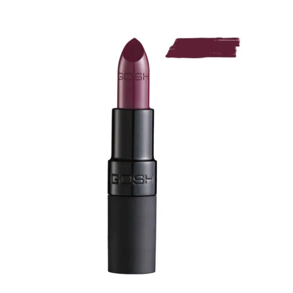 Rouge à lèvres prune foncé avec échantillon de couleur. Étui noir avec inscription "GOSH".
