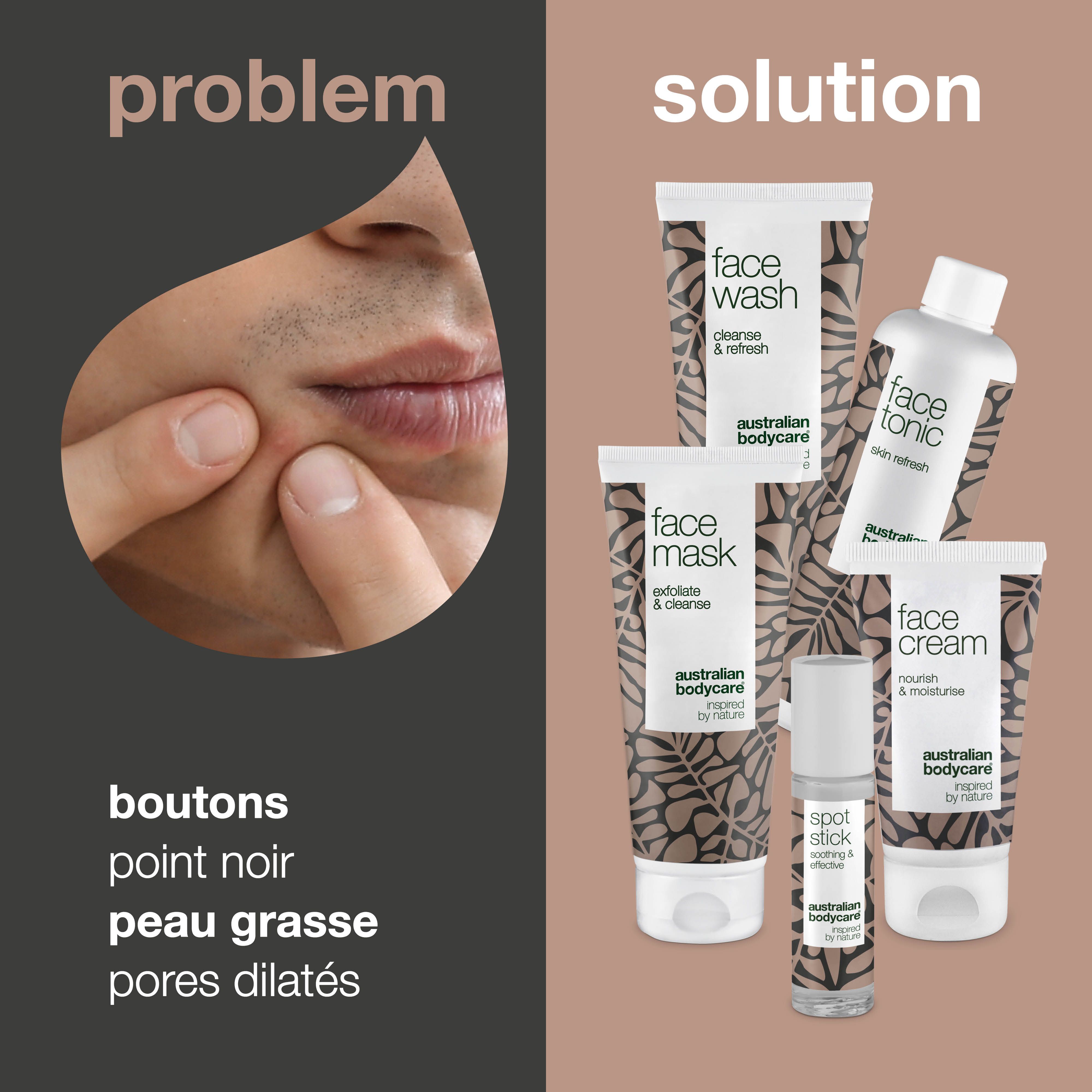 Visage avec problèmes de peau. Ensemble de soins du visage : Face Wash, Face Mask, Face Cream, Face Tonic et Spot Stick.