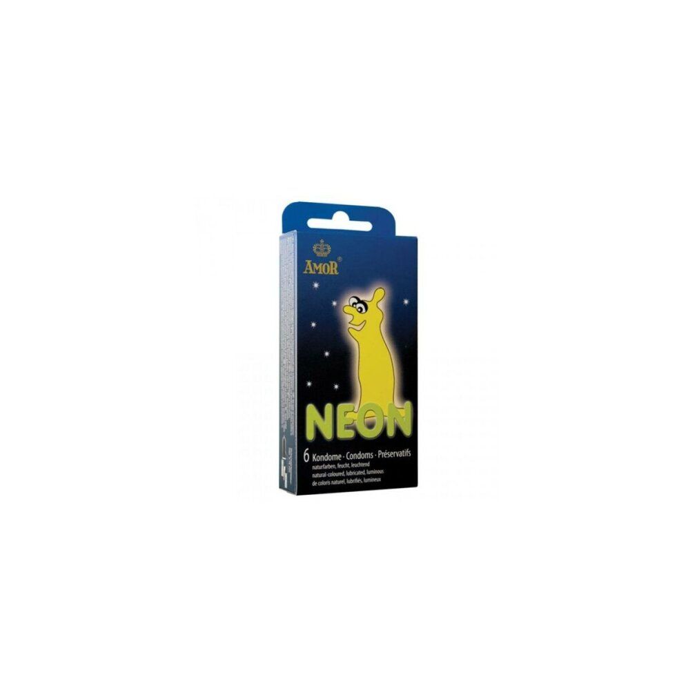 Emballage de préservatifs Amor Neon. Six préservatifs. Personnage jaune lumineux sur fond bleu. Marque et nom du produit visibles.