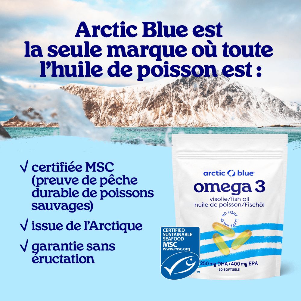 Emballage Arctic Blue Oméga 3 huile de poisson avec avantages détaillés et icônes.