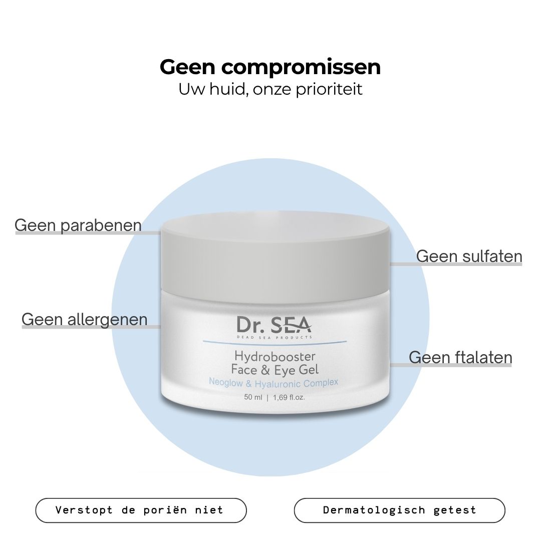 Product met tekst. Opschrift: Dr. SEA, Hydrobooster Face & Eye Gel, 50 ml. Tekst over ingrediënten.