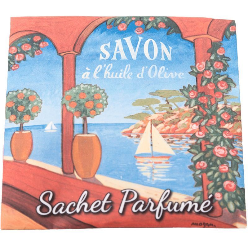 Vierkante geurzak met landschap. Opschrift "Savon à l'huile d'Olive" en "Sachet Parfumé".