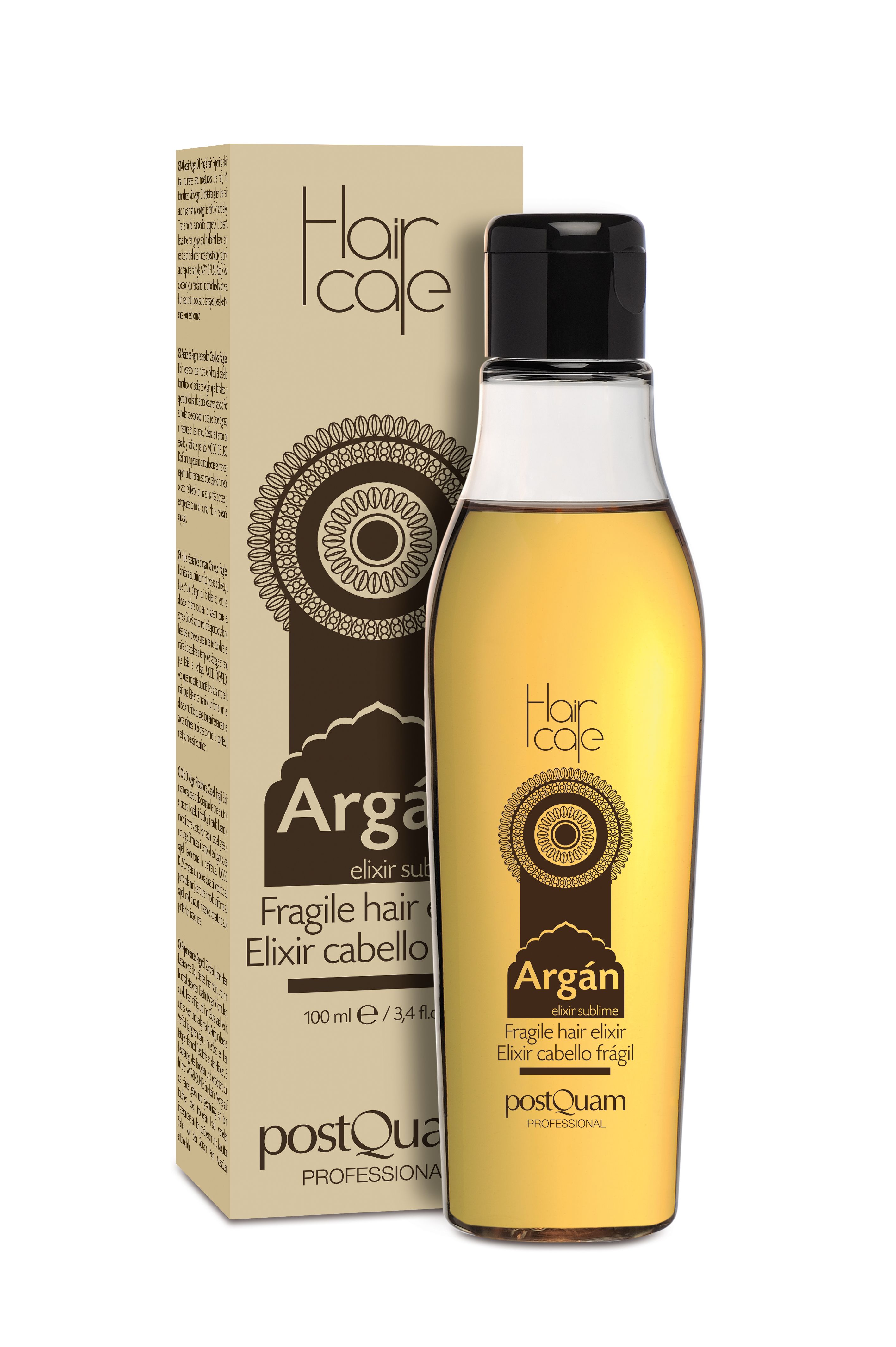 Fles en verpakking. Fles met gele olie, zwarte dop. Verpakking: Argán, Fragile hair elixir, PostQuam, 100 ml.