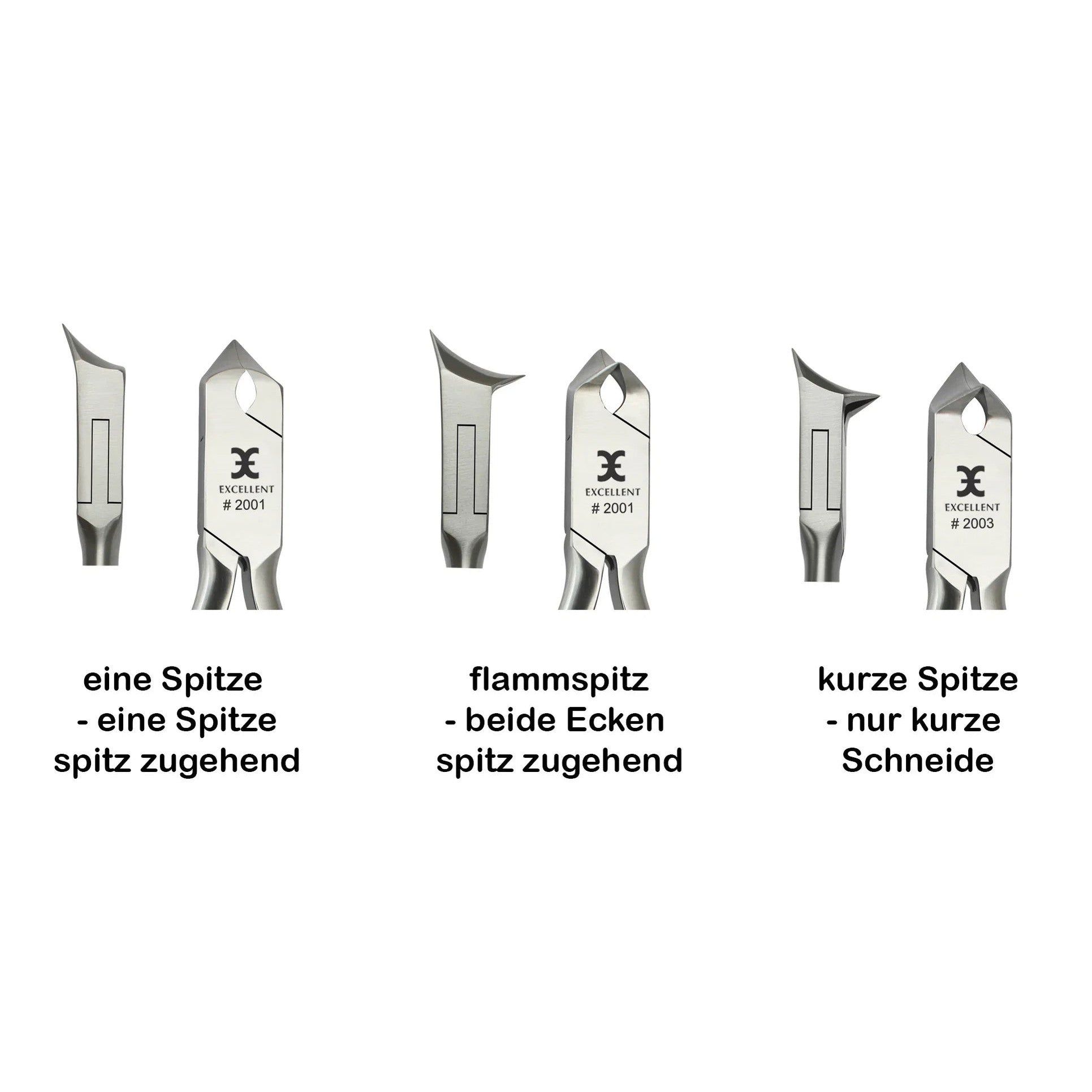Drie soorten nageltangen: één punt, vlam, korte punt. Merk Excellent, model #2001.