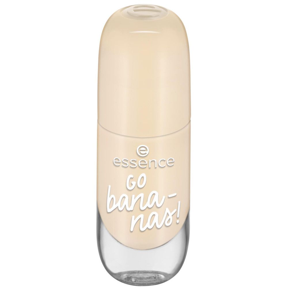 Flacon de vernis à ongles avec bouchon fermé. Couleur beige clair. Inscription: Essence, go bananas!