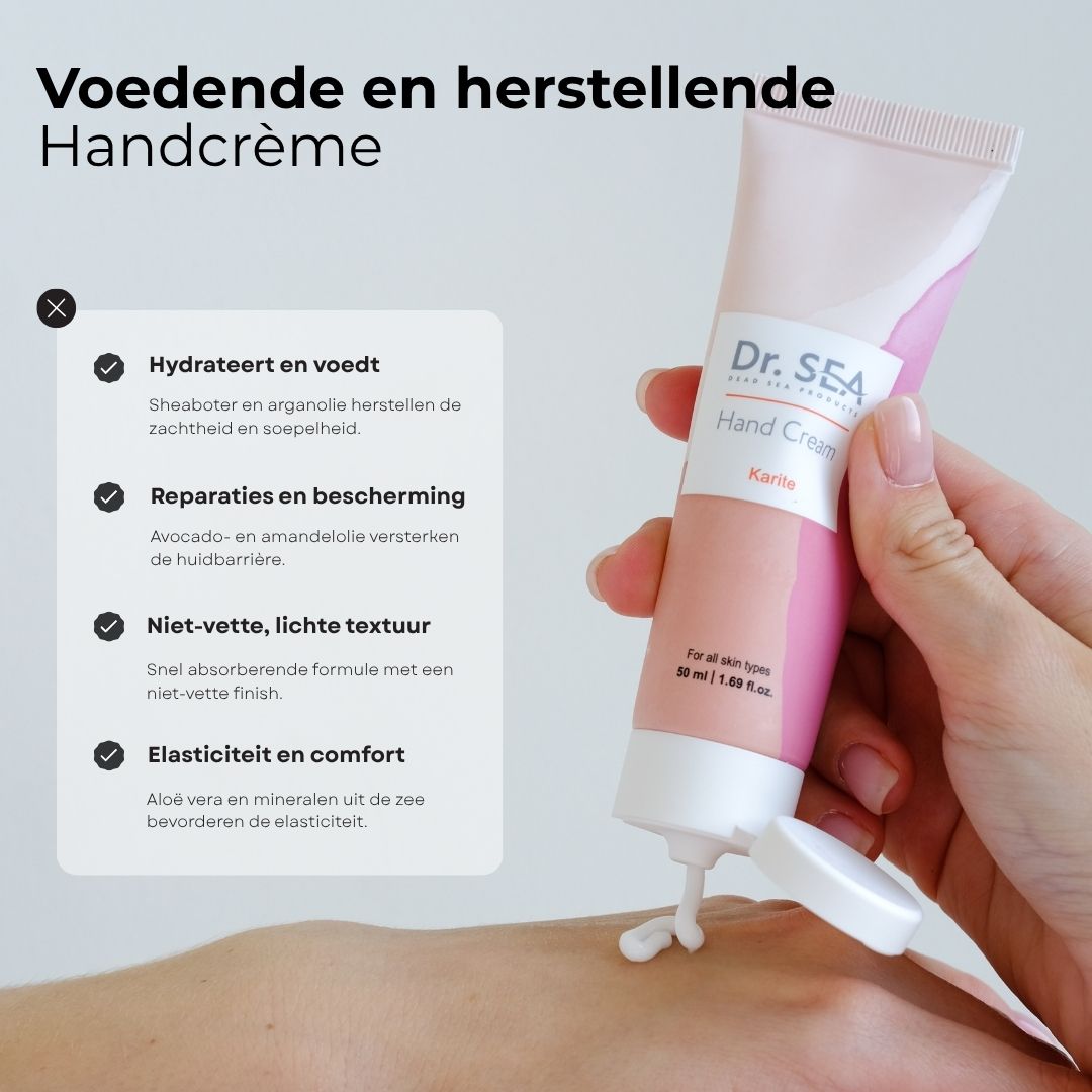 Handcrèmetube, roze-wit. Tekst en illustraties. Handcrème wordt op de huid aangebracht.