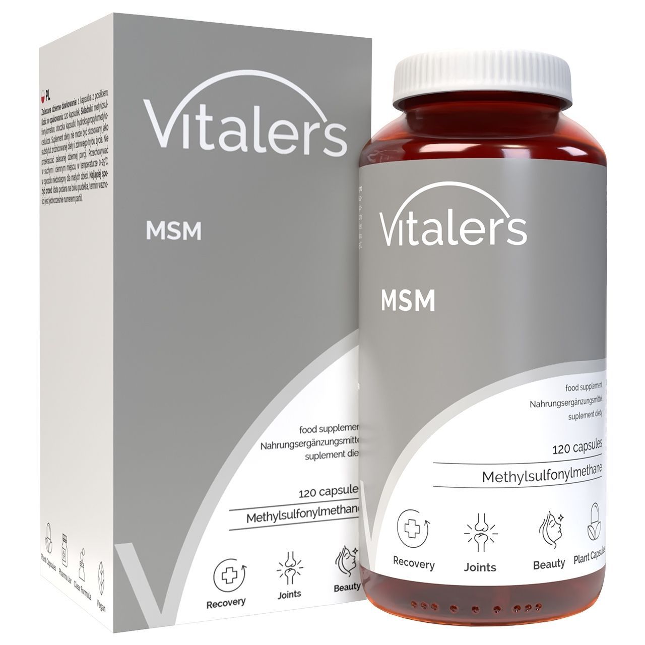 Gélules Vitaler's MSM dans un flacon en verre brun avec un bouchon blanc, à côté de la boîte.