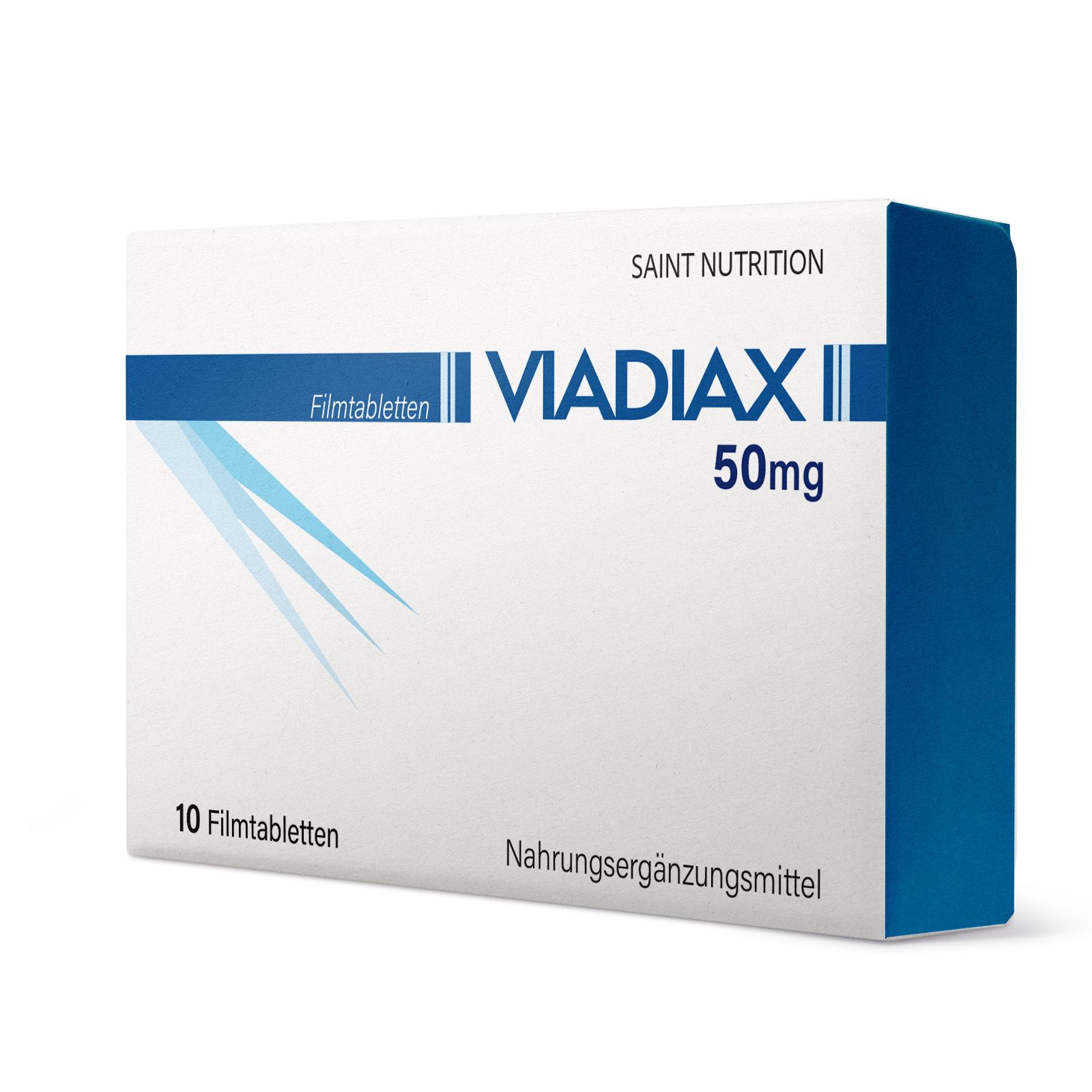 Boîte de Viadiax® Filmtabletten. Couleurs bleu et blanc. Texte : Comprimés pelliculés, 50mg. Marque : Saint Nutrition.