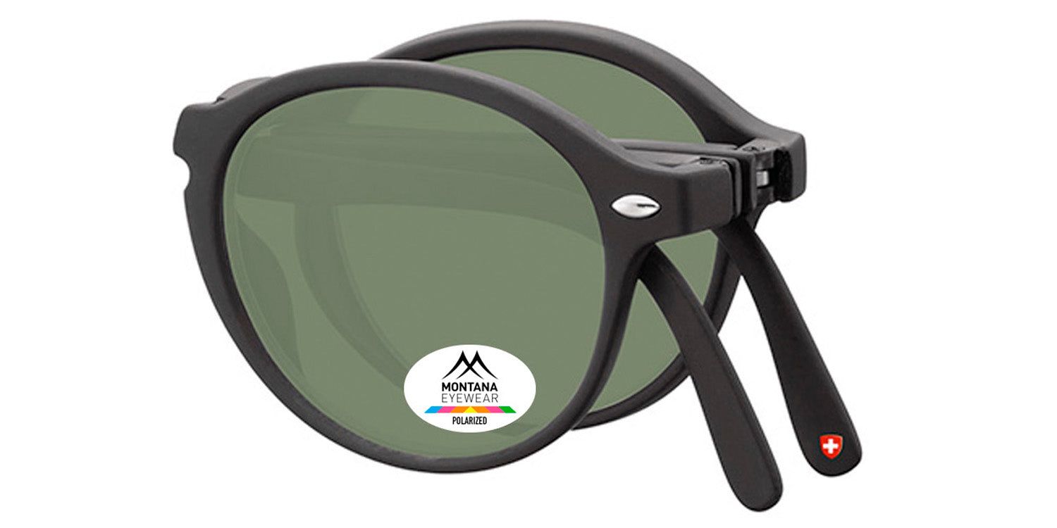 Lunettes de soleil pliables noires, verres ronds teintés verts. Logo et croix suisse sur la branche.