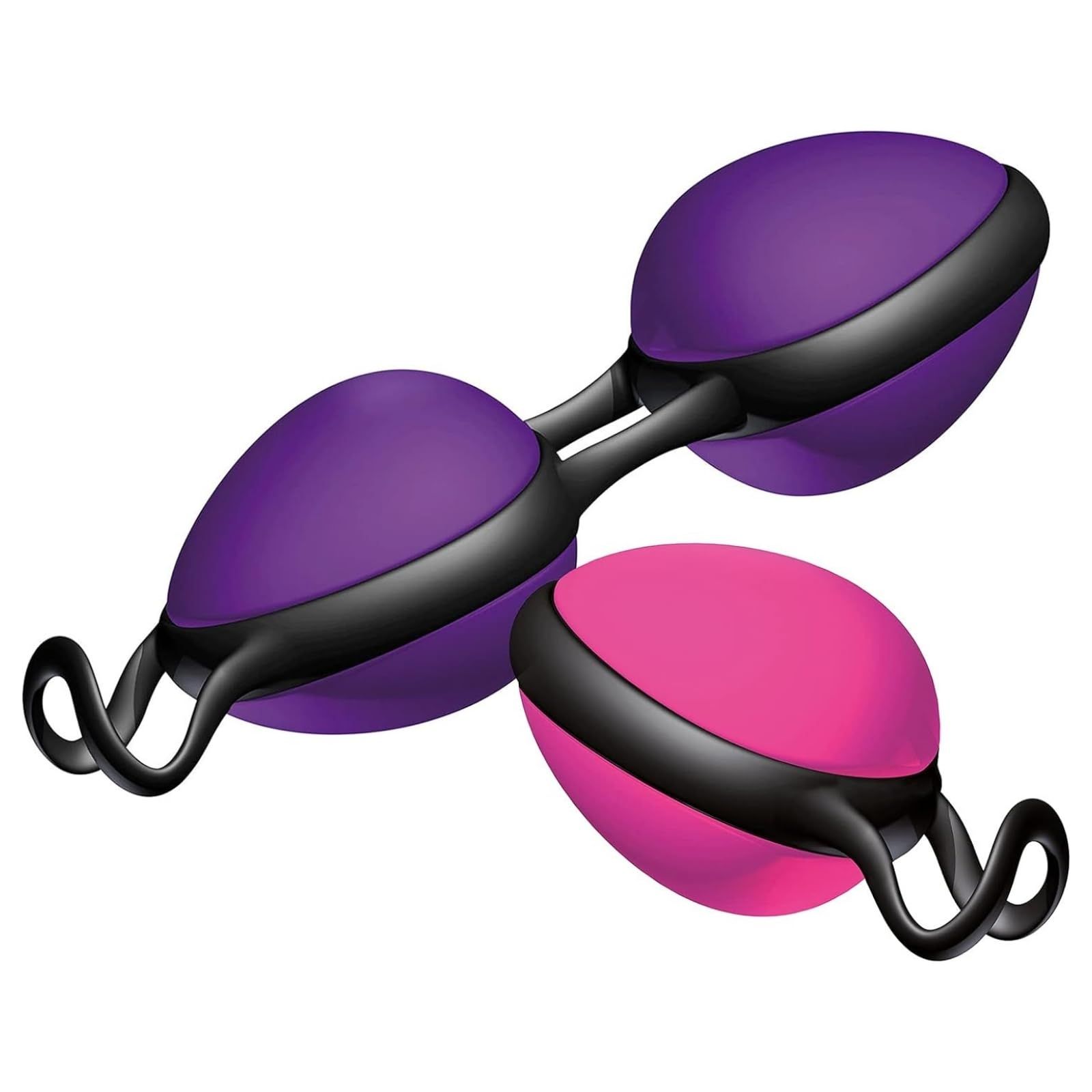Deux JOYDIVISION Joyballs violettes et roses avec connexions et anneaux noirs.