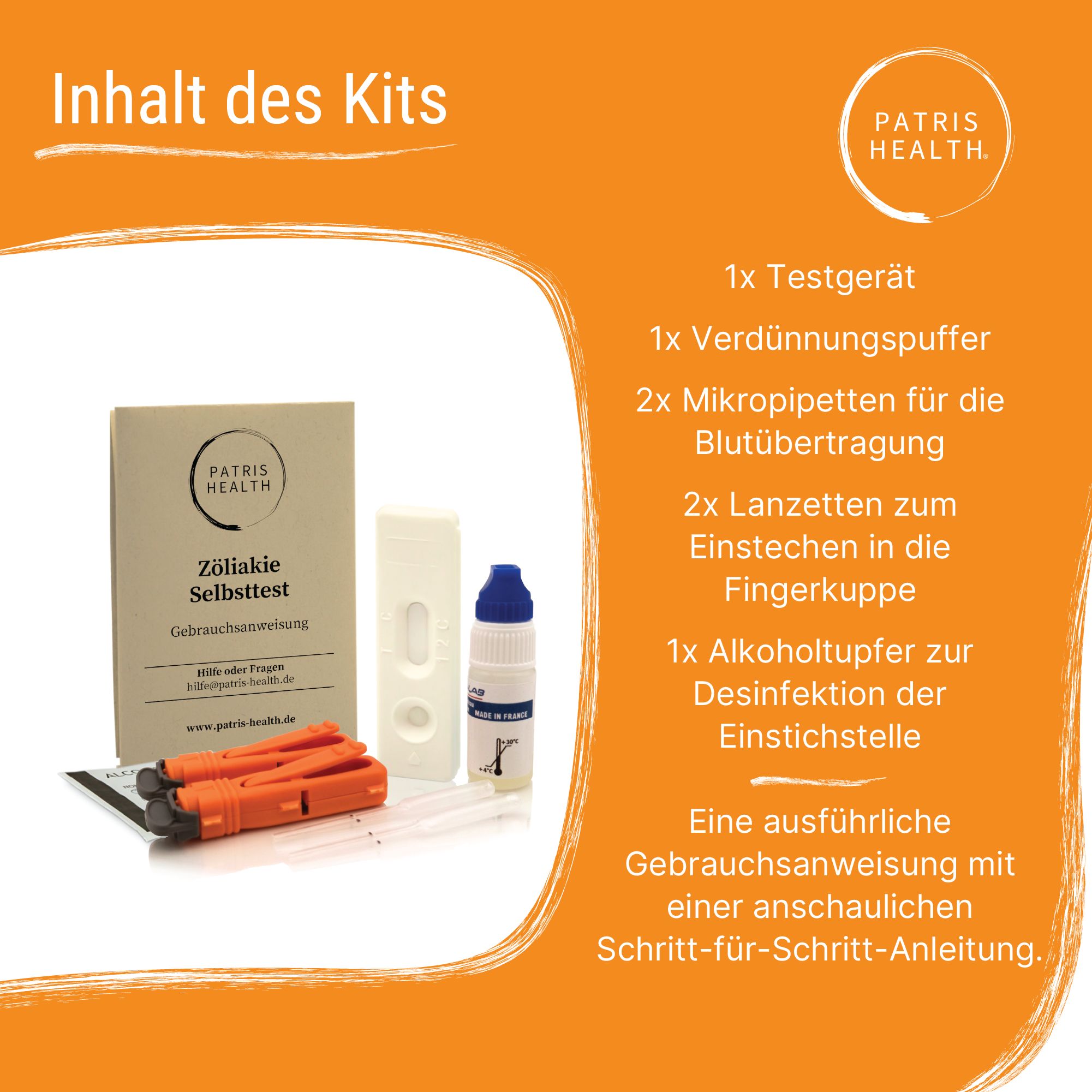 Inhoud van de kit: testapparaat, verdunningsbuffer, micropipetten, lancetten, alcoholdoekje, handleiding.