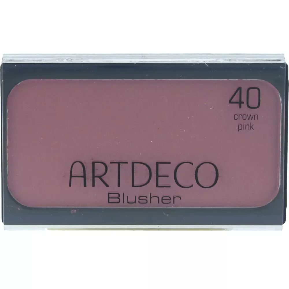 ARTDECO Blusher in rechthoekige verpakking. Tint 40, crown pink. Zwarte tekst op roze achtergrond.
