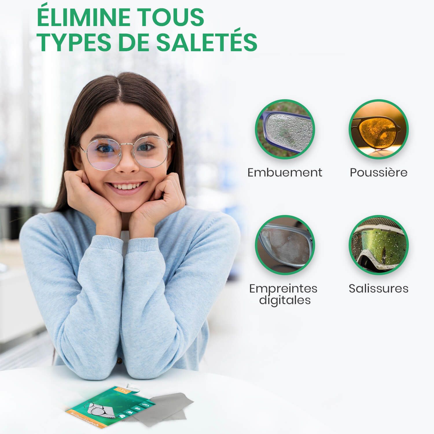 Fille portant des lunettes. Graphiques montrant: buée, poussière, empreintes digitales, saleté. mfa® Antibeschlagtuch sur la table.