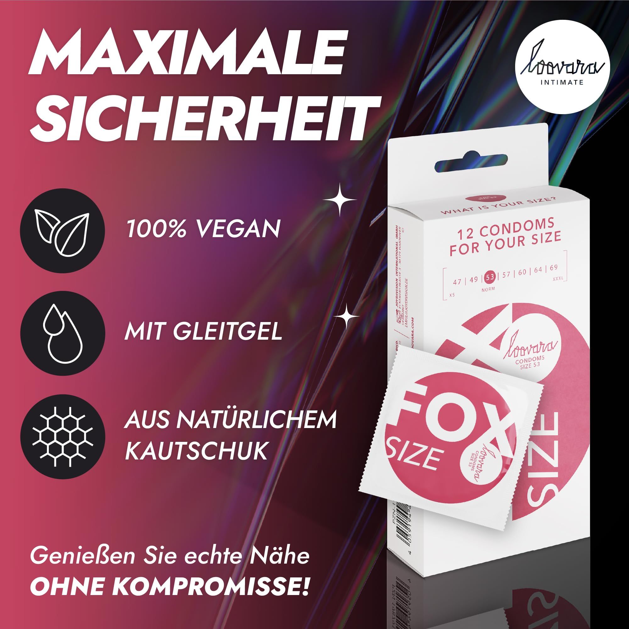 Emballage de préservatifs Loovara avec icônes pour vegan, lubrifiant et latex naturel.
