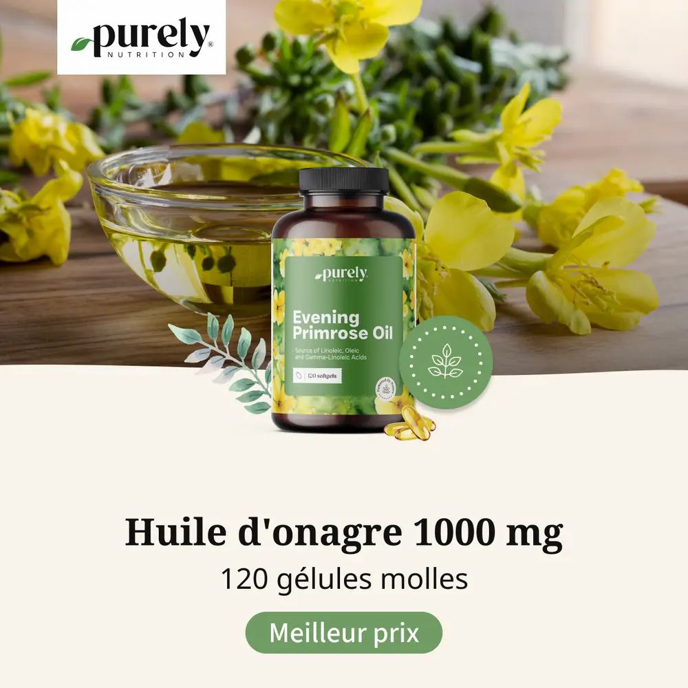 Flacon d'huile d'onagre, huile dans un bol, capsules. Texte : Huile d'onagre 1000 mg, 120 gélules.
