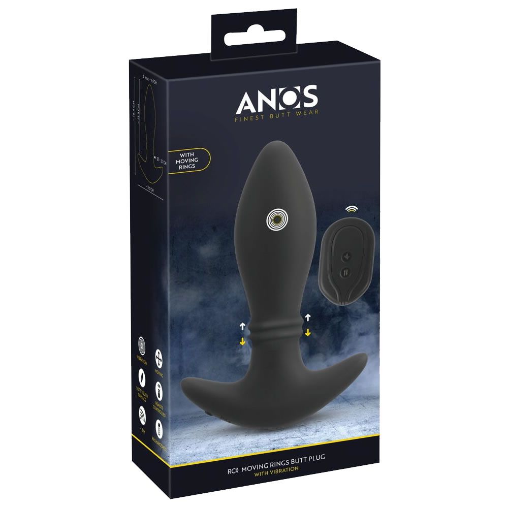 Anos RC Moving Rings Butt Plug dans son emballage noir avec illustration du produit et télécommande.