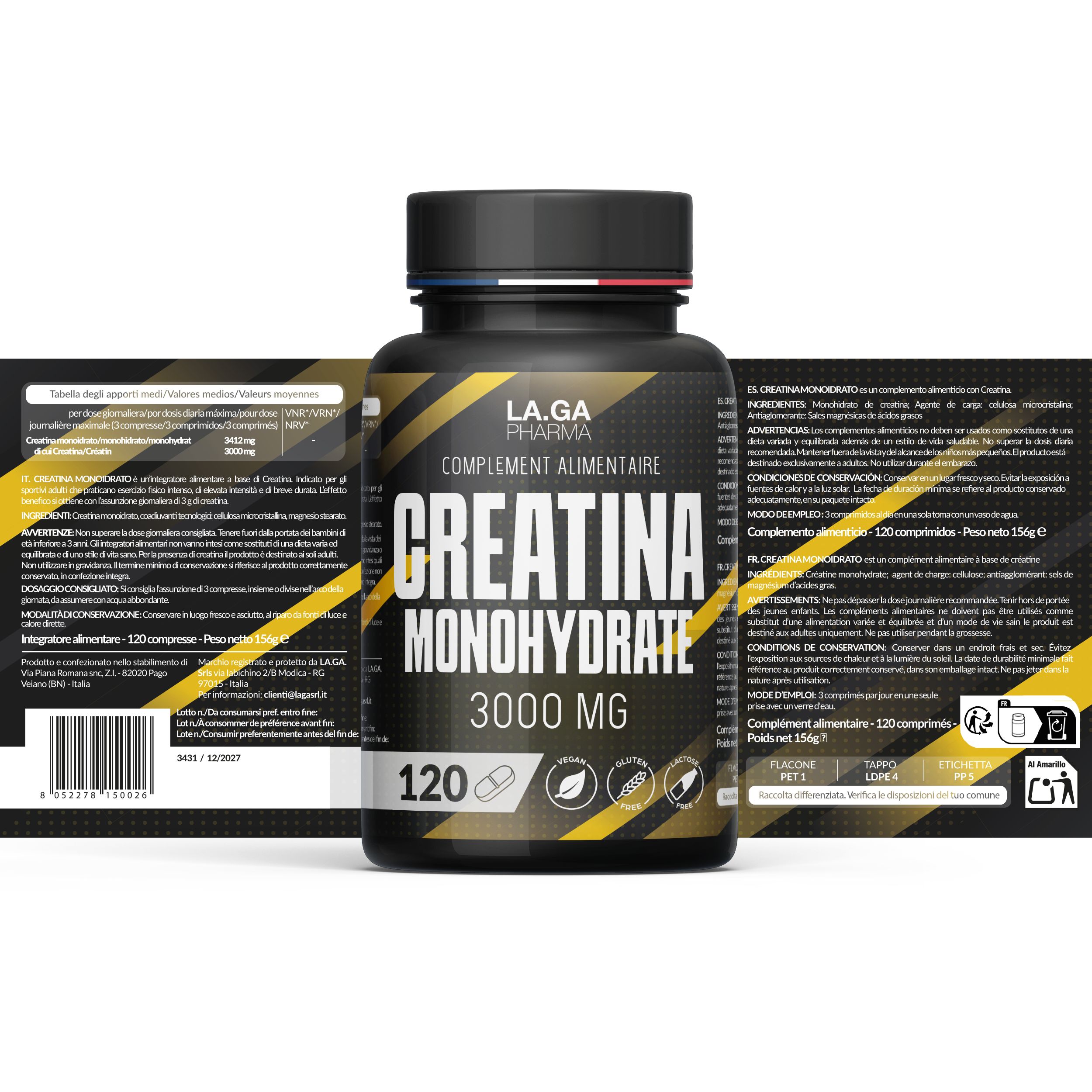Bruine fles, zwarte dop. Opschrift: Creatina Monohydrate 3000 MG, 120 comprimés. LA.GA Pharma. Met etiketten.