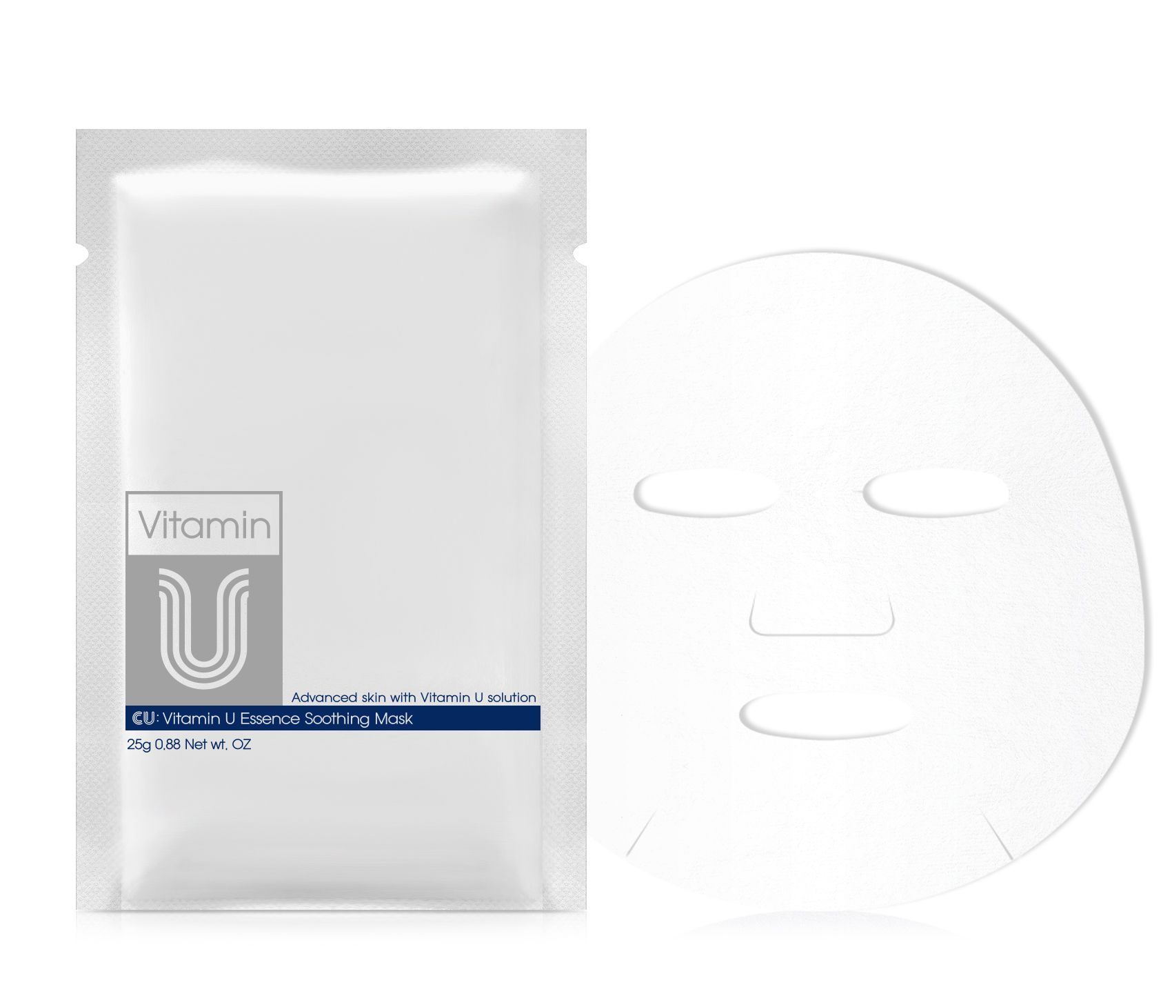 CUSKIN Vitamin U Essence Soothing Mask, verpakking en masker. Wit masker in gezichtsvorm.