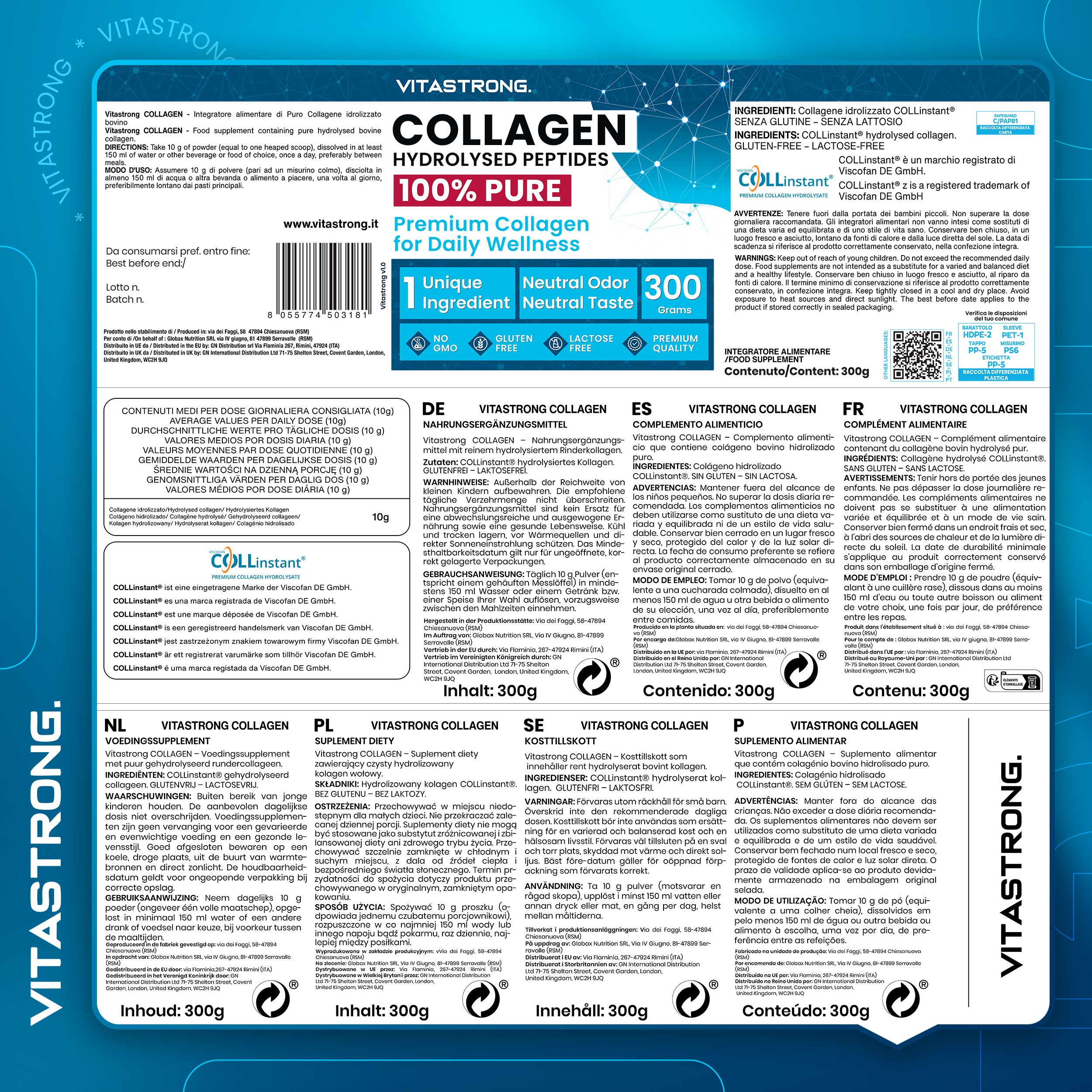Dos de l'emballage Vitastrong Collagène. Texte multilingue. Ingrédients, valeurs nutritionnelles, instructions d'utilisation.