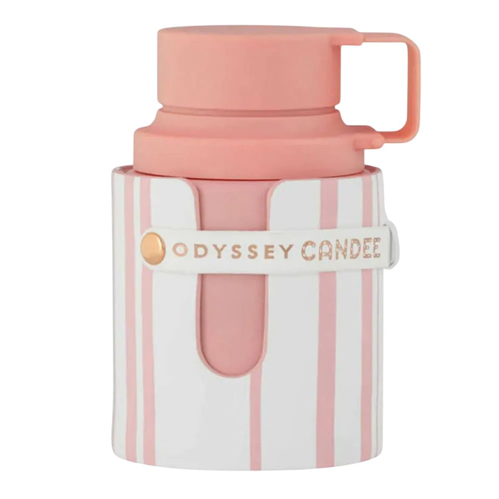 Cilindervormige container met roze deksel en handvat. Wit met roze strepen. Opschrift: ODYSSEY CANDEE.