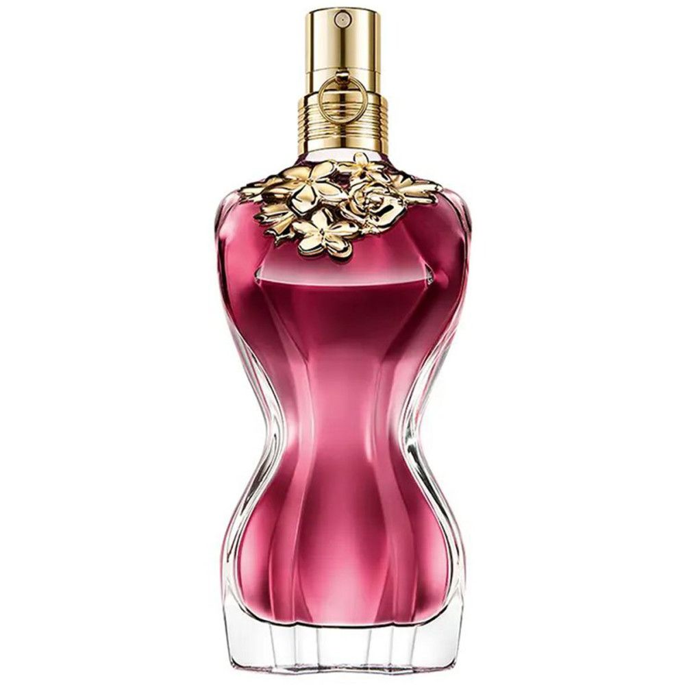 Jean Paul Gaultier La Belle Eau de Parfum Spray. Flacon en forme de corps féminin, liquide rose, ornements dorés.