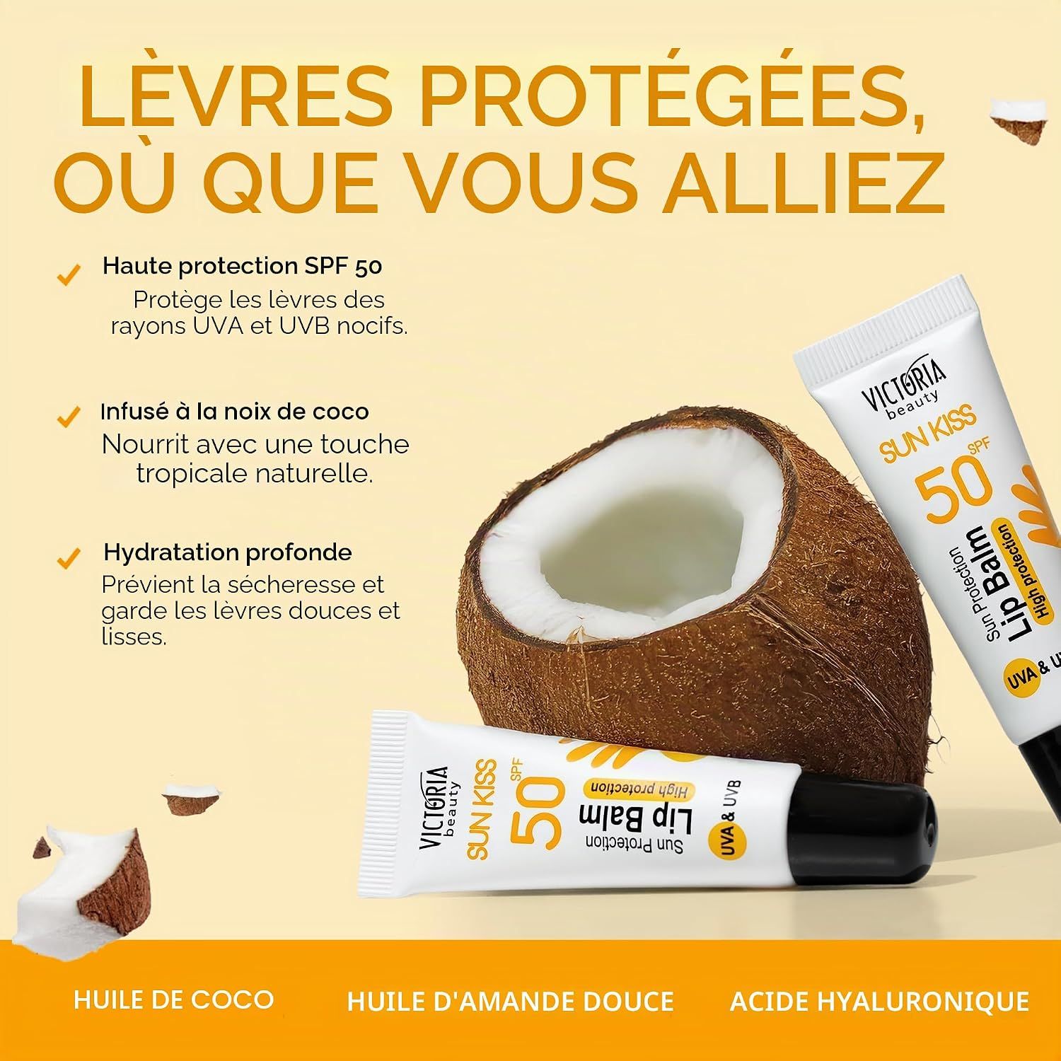 Victoria Beauty Sun Kiss Baume à lèvres avec SPF 50, noix de coco et huile d'amande.