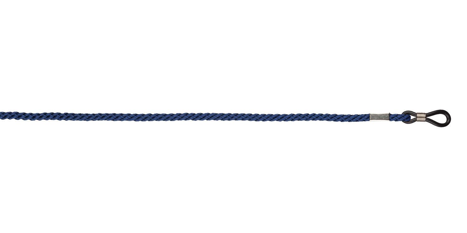 Cordon de lunettes bleu tressé. Extrémité métallique avec boucle pour fixation aux branches.