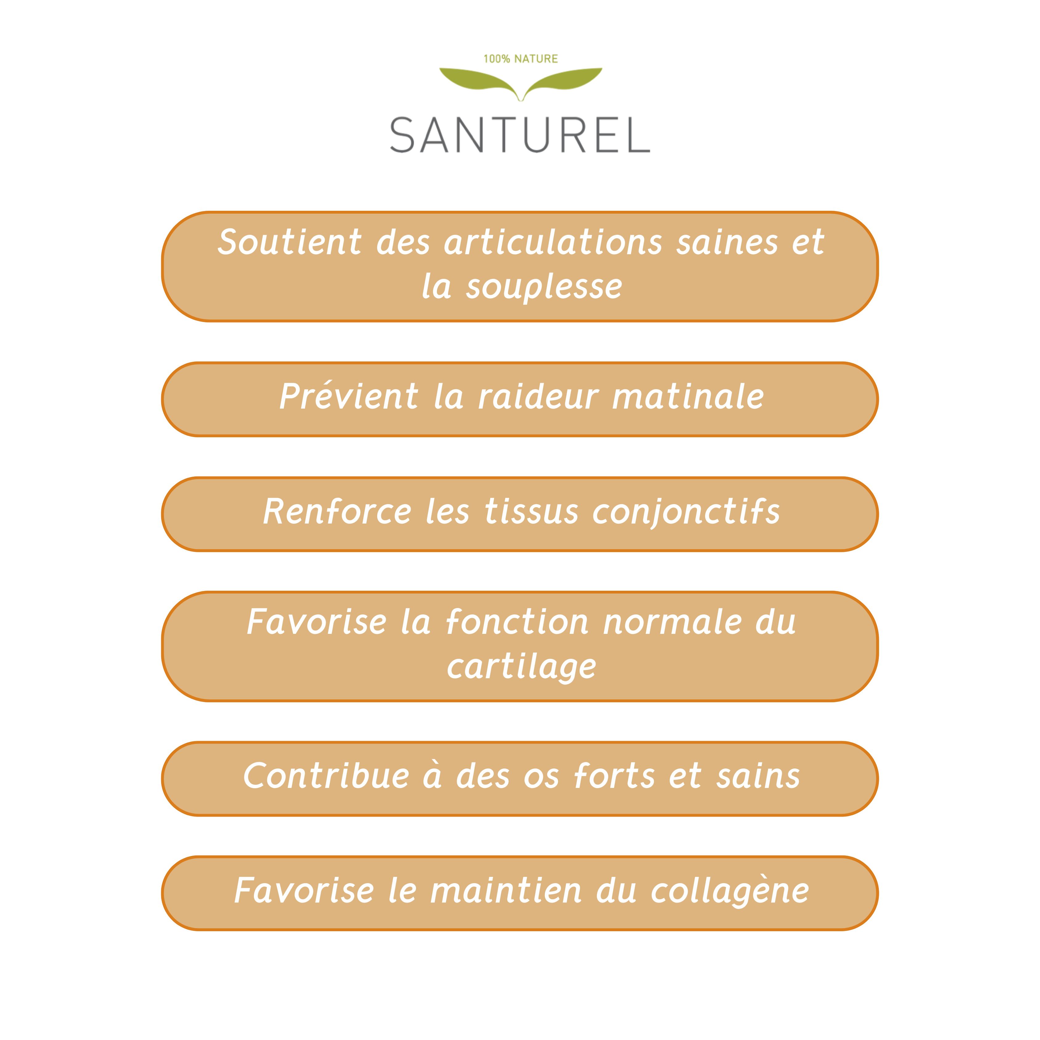 Textes: Soutient articulations saines, prévient raideur matinale, renforce cartilage, tissus conjonctifs, os.