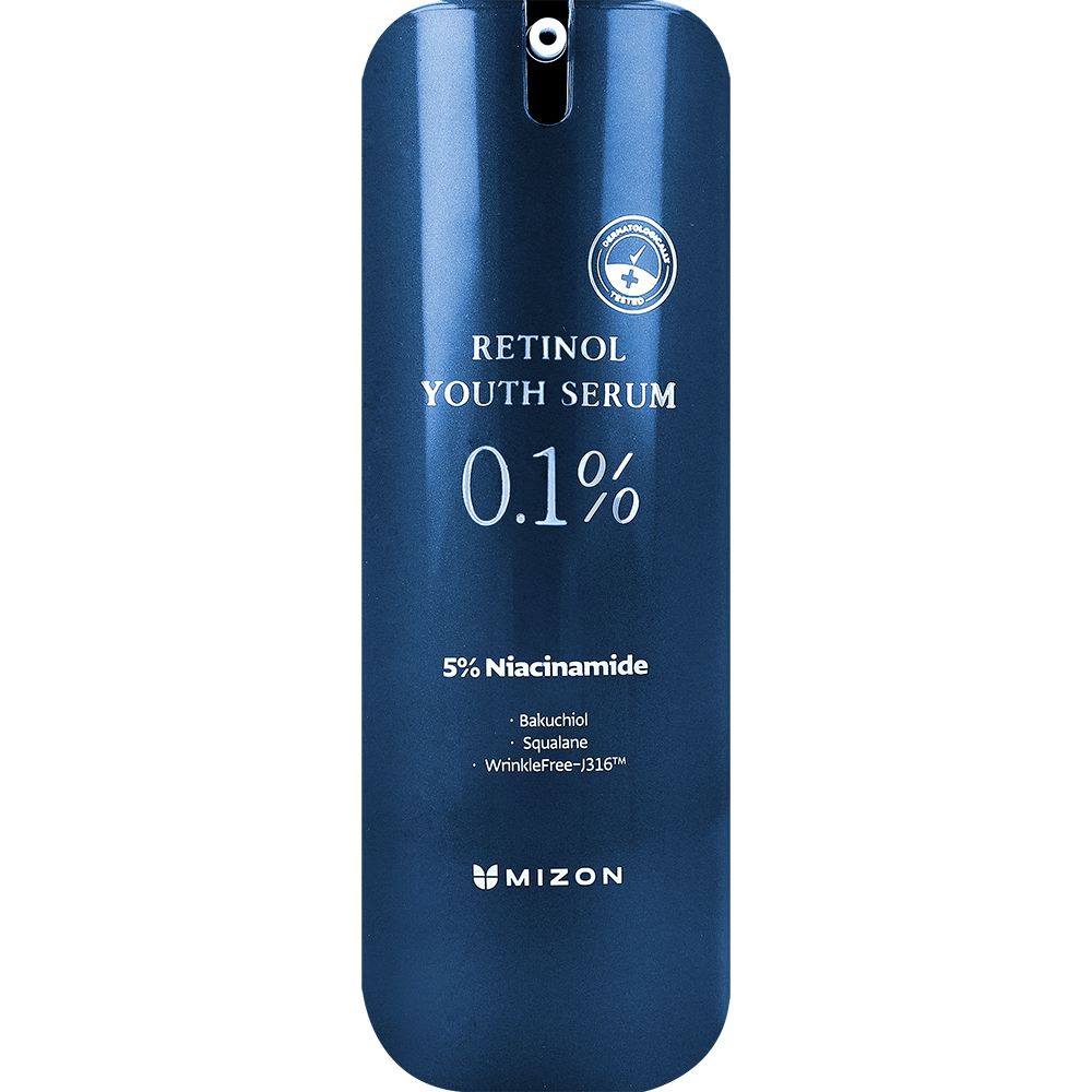 Blauw serum met tekst "Retinol Youth Serum 0.1%" en ingrediënten. Merk MIZON.
