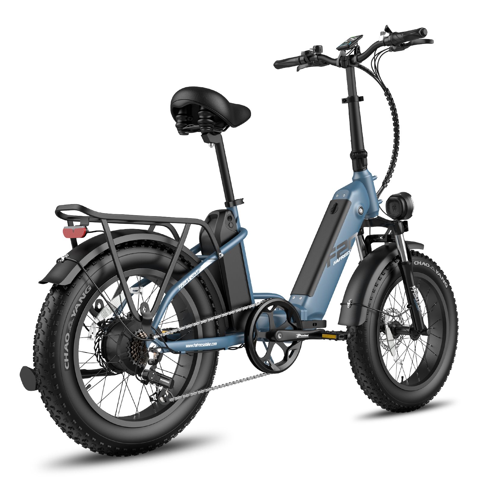 Blauwe opvouwbare e-bike. Zwarte banden, zadel en bagagedrager. Achterlicht. Merk Fafrees.
