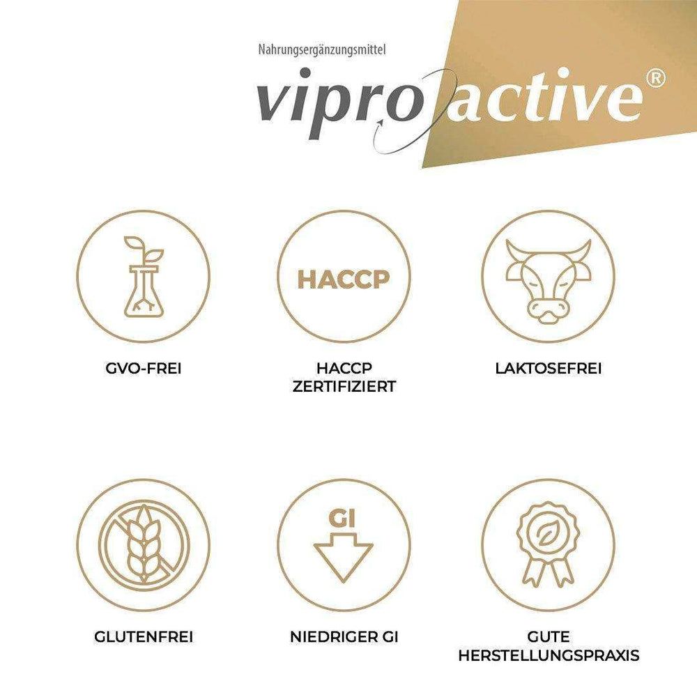 Viproactive® logo. Cirkelvormige symbolen: GGO-vrij, HACCP-gecertificeerd, lactosevrij, glutenvrij, lage GI, goede productiepraktijken.