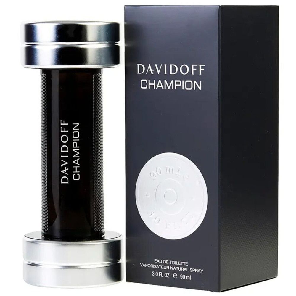 Davidoff Champion Eau de Toilette fles in haltervorm naast de zwarte verpakking.