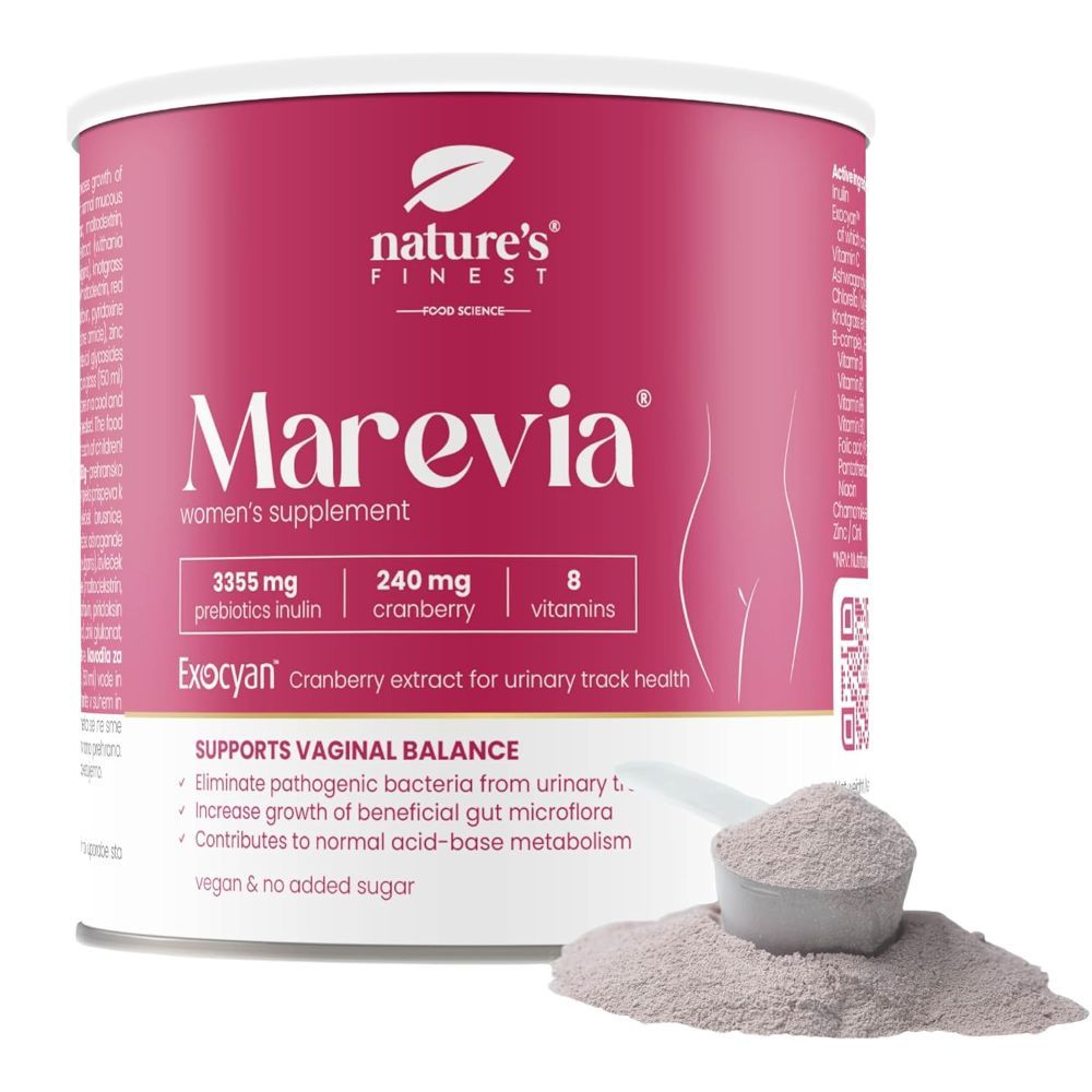 Pot Nature's Finest Marevia, prebioticum met inuline en exocyan. Roze pot, poeder en maatlepel. Bevat 3355 mg prebiotica, 240 mg cranberry, 8 vitaminen.