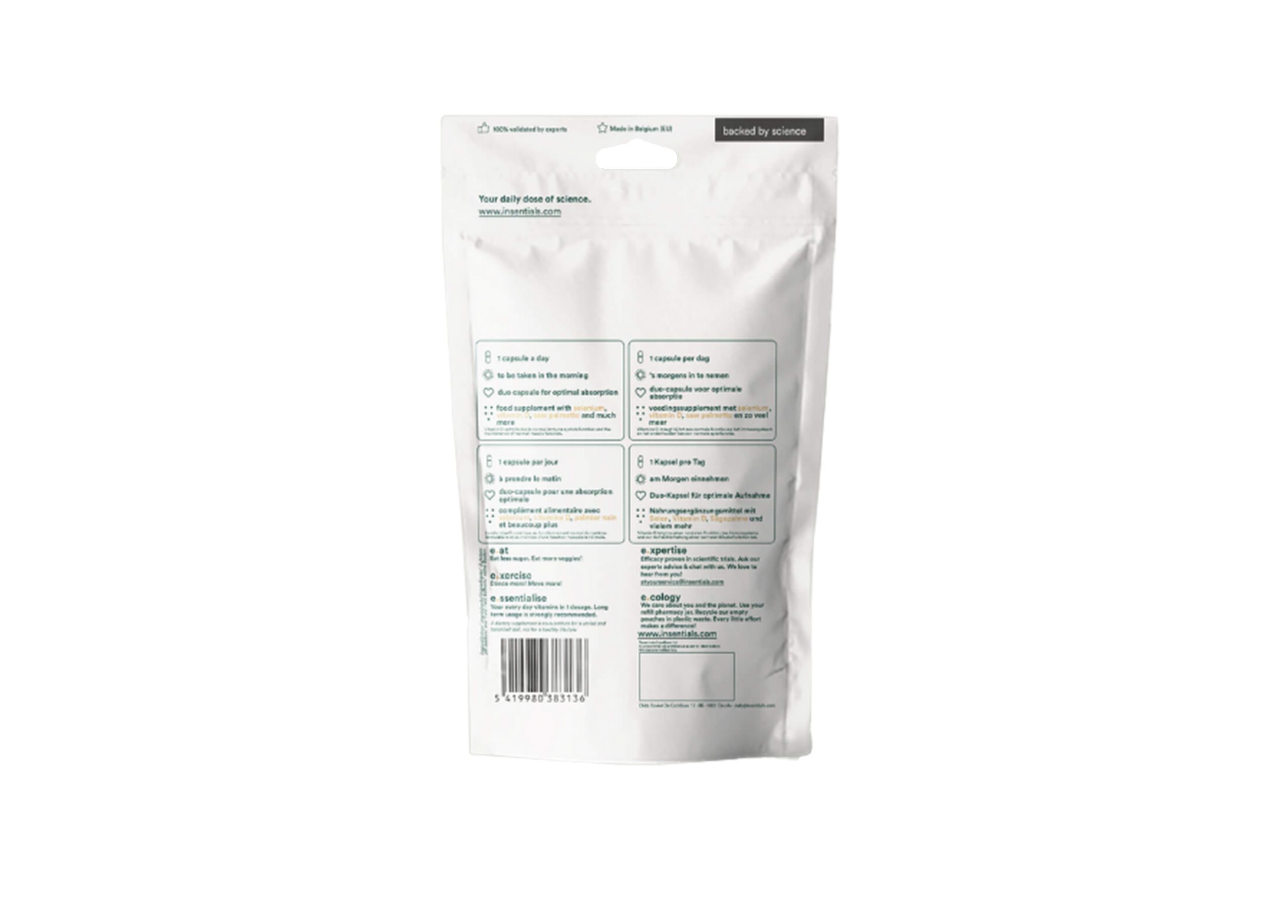 Dos du sachet blanc avec texte. Contient des informations sur les ingrédients, l'utilisation et les certifications. Code-barres en bas.
